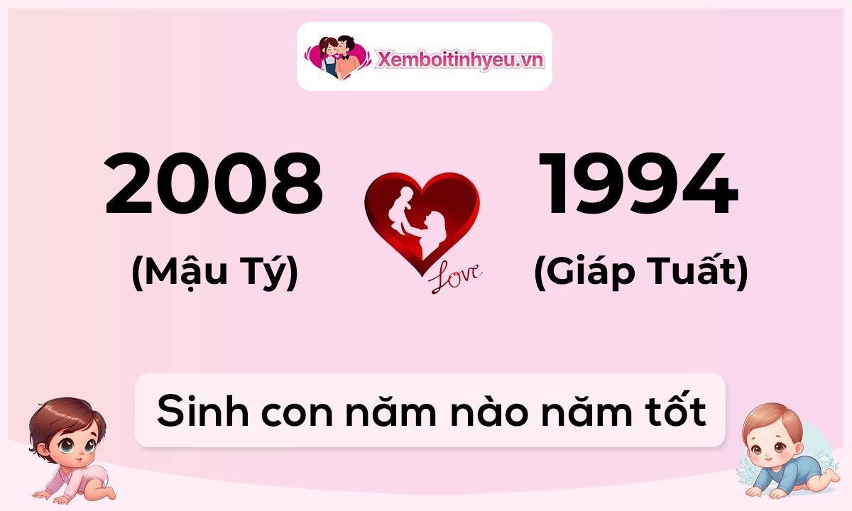 Chồng 2008 tuổi Mậu Tý và vợ 1994 tuổi Giáp Tuất sinh con năm nào tốt