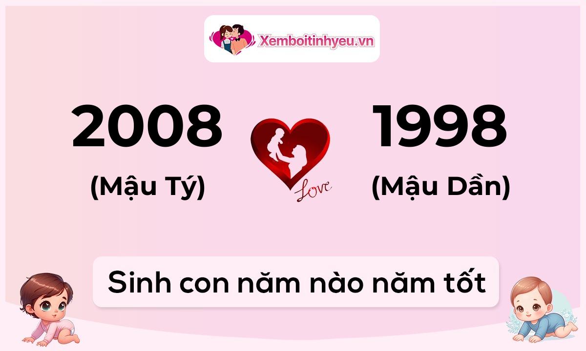 Chồng 2008 tuổi Mậu Tý và vợ 1998 tuổi Mậu Dần sinh con năm nào tốt